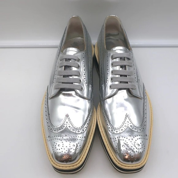 Prada Platform Wingtip Brogues Silver Metallic Leather Size 41 - Picture 4 of 12